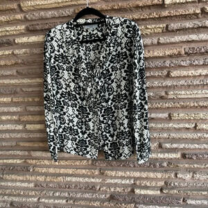 Classiques Entier Black and White 100% Silk Lace Print Ruffle Front Blouse